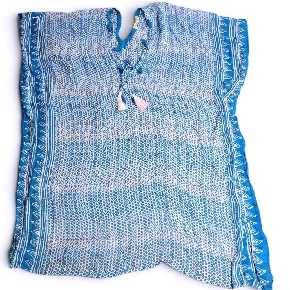 Quaaga Greenlabel Blue White Block Print Lenzing Modal‎ Tassel Tie Boho Coverup